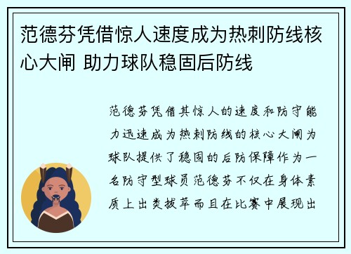 范德芬凭借惊人速度成为热刺防线核心大闸 助力球队稳固后防线 范德芬凭借惊人速度成为热刺防线核心大闸 助力球队稳固后防线