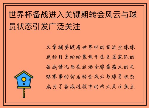 世界杯备战进入关键期转会风云与球员状态引发广泛关注