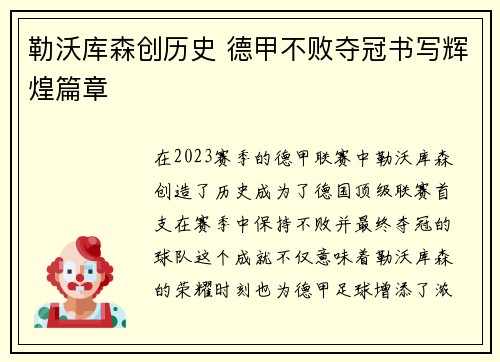 勒沃库森创历史 德甲不败夺冠书写辉煌篇章